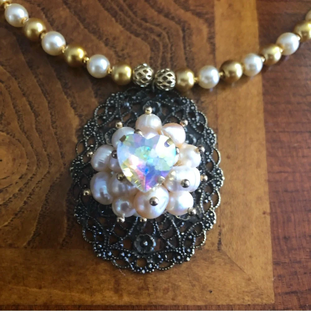 Handcrafted repurpose pearl cluster filigree pendant Czech glass Pearl necklace